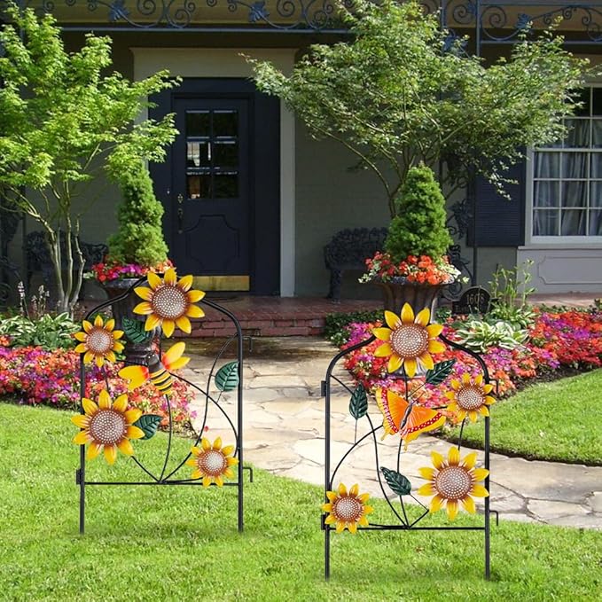 hogardeck Garden Decor for Outside, Set of 2 Metal Fence Decorative Garden Stakes with Flowers for Sunflower Decor, Yard Signs for Outdoor Patio Lawn Backyard Porch