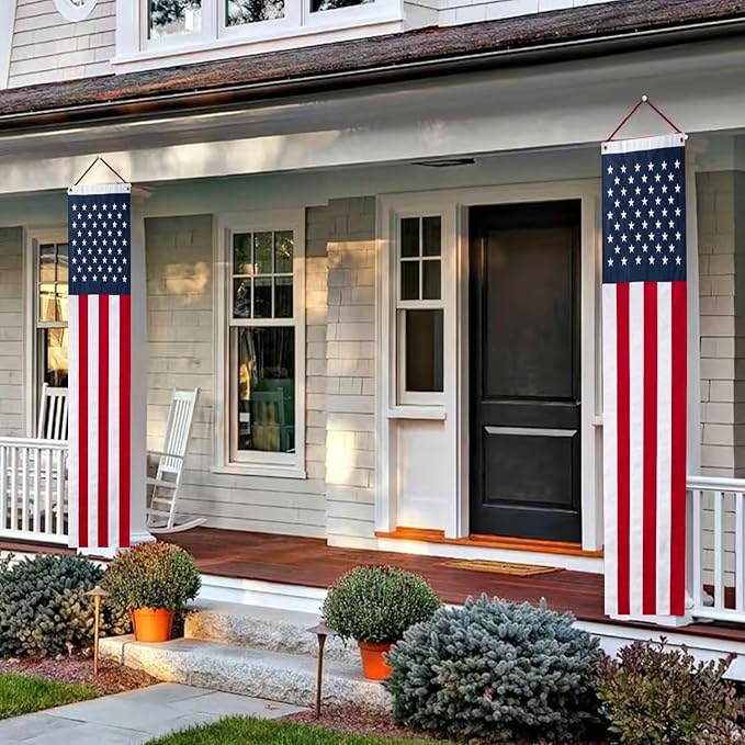 2Pack 65Inch Patriotic American Flags Door Bunting Banner Memorial Day Decoration Hanging Outside Porch Bunting Red White Blue Banner Outdoor Décor 4th of July USA Decor Pulldown for Veterans Labor Presidents Flag Election Day