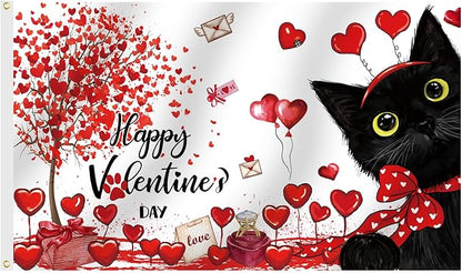 SENSEVEN Valentine's Black Cat Flags for Outside 3x5 Ft, Spring Wedding Flag, Couple Anniversary Yard Flag Spring Holiday Outdoor Banner for Porch Farmhouse Decor, Valentine's Party Supplies