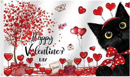 SENSEVEN Valentine's Black Cat Flags for Outside 3x5 Ft, Spring Wedding Flag, Couple Anniversary Yard Flag Spring Holiday Outdoor Banner for Porch Farmhouse Decor, Valentine's Party Supplies