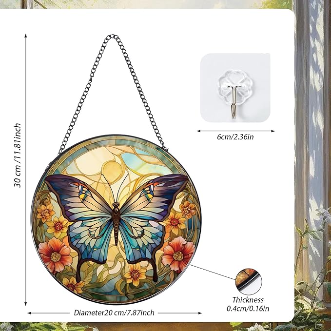 Rngmsi Butterfly Stained Glass Window Hanging Decor, 7.8″ Sun Catchers Stain Glass Window Hanging Indoor, Flower Suncatcher with Hook Home Wall Art Gift for Thanksgiving Christmas Housewarming
