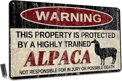 Vintage Alpaca Metal Sign Warning This Property is Protected by Highly Trained Alpaca Yard Sign Outdoor Home Wall Decor 12x8Inch