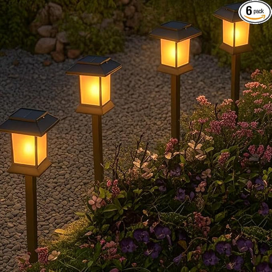 6Pack Solar Pathway Lights Outdoor with Flickering Flame, IP65 Waterproof, Solar Flame Lights with Hook, Upgraded 1000mAH Battery, Up to 12Hrs, Auto On/Off, Decor for Garden, Walkway