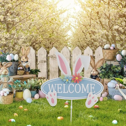 Easter Decorations Outdoor Metal Welcome Bunny Decorative Garden Stakes Easter Decor Outdoor 3D Spring Yard Decor Farmhouse Rabbit for Home Outside Lawn Front Porch Happy Easter Yard Sign