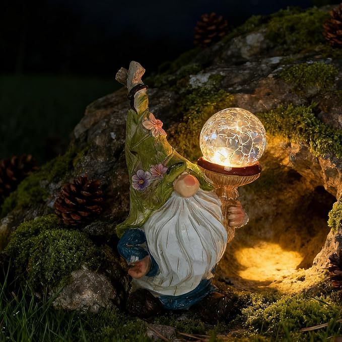 Garden Gnome Solar Light Statue - Outdoor Decorative Figurine with Crackle Glass Globe, Blue & White Floral Design, Waterproof LED Yard Art for Patio, Lawn, Garden, Porch