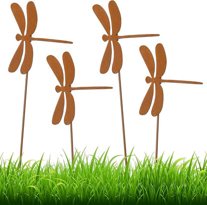 Maxdot 4 Pcs 23.6 Inch Dragonfly Garden Stakes Decor Metal Dragonfly Outdoor Decor Plant Stakes Decorative Outdoor Lawn, Plants Decorative Stake for Lawn Pathway Patio Garden Yard