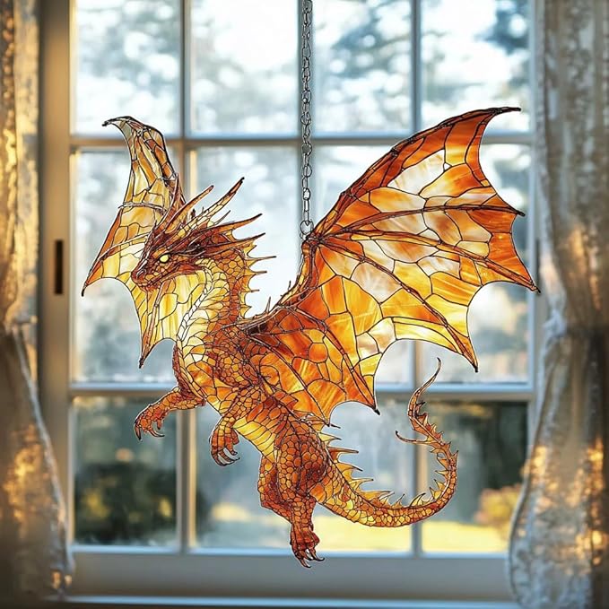 Fiery Mosaic Dragon Charm Acrylic Suncatcher Stained Glass Effect Window Car Hanging Christmas Ornament Indoor Outdoor Decor Garden Sun Catcher Panel for Dragon Lover for Women Mom Grandma