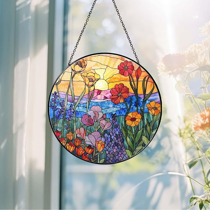 Wildflowers Stained Glass Suncatcher Hanging Window Decor, Colorful Sun Catcher for Indoor Window, Unique Gift for Women Mom Birthday Christmas Home Decoration, 7.87in