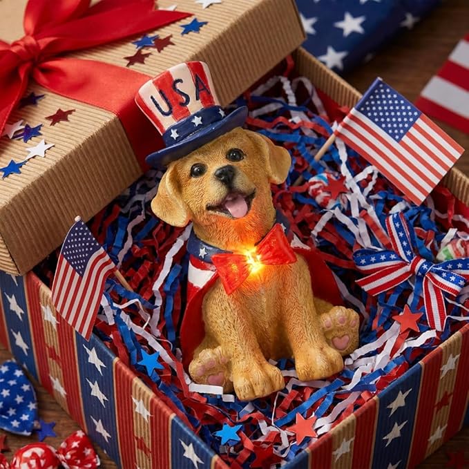 TERESA'S COLLECTIONS 4th of July Puppy Decorations with Solar Light, Memorial Day Resin Garden Dog Figurine for Home, Patriotic Independence Day USA 250th Anniversary Outdoor Yard Porch Gift Decor 8"