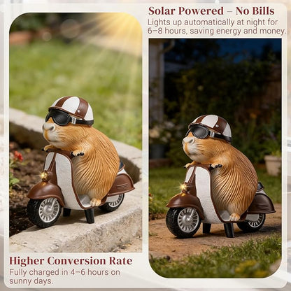Capybara Solar Outdoor Figurine Light, Capybara Riding Motorcycle Garden Statue with LED Headlight, Waterproof Solar Powered Lawn Decor for Yard Patio Porch, 8.6” x 4.7” x 9.4”