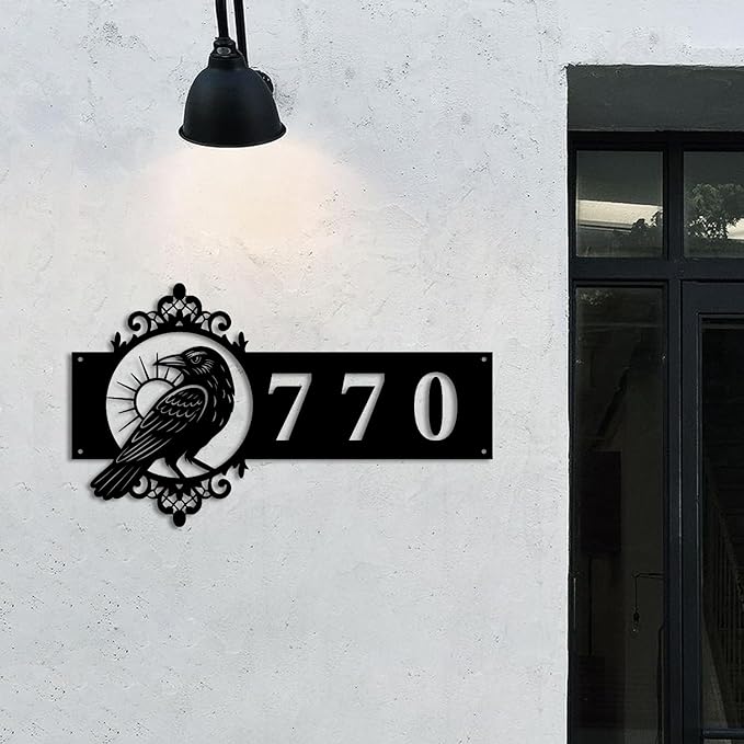 Personalized Gothic House Number metal Signs,Custom Address Number Metal Wall Art Decor,Black Plaques Outdoor wall Decorative Signage,Shed(8-30 Inches) (Crow B)