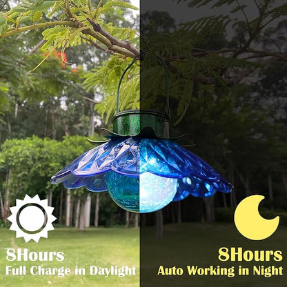 XUWEN Solar Lights Outdoor Waterproof - Blue Solar Flower Light with Crackle Globe Glass Light, Hanging Lanterns Decorative Outdoor for Yard Walkway Lawn Fence,Christmas Housewarming Gifts for Women.