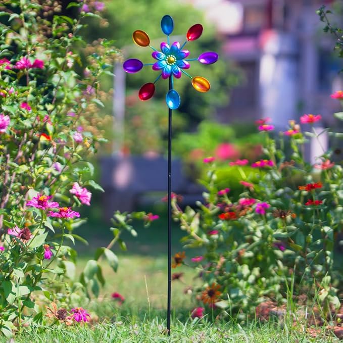 DREAMYSOUL Wind Spinners Outdoor, 10" Dia Colorful Metal Pinwheels for Yard and Garden, Kinetic Wind Sculptures & Spinner Outside (Red Flowers)