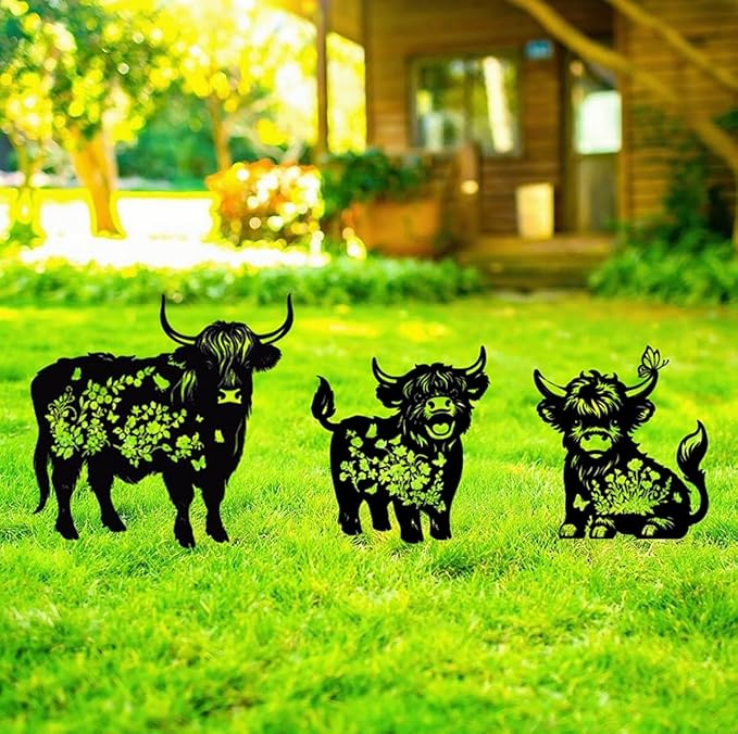 Metal Highland Cattle Decor for Outside,3 Piece Black Highland Cattle Silhouette Statues Garden Decor for Outside,Outdoor Decor,Yard Art,Lawn Ornaments,Gifts(Black Highland Cattle)