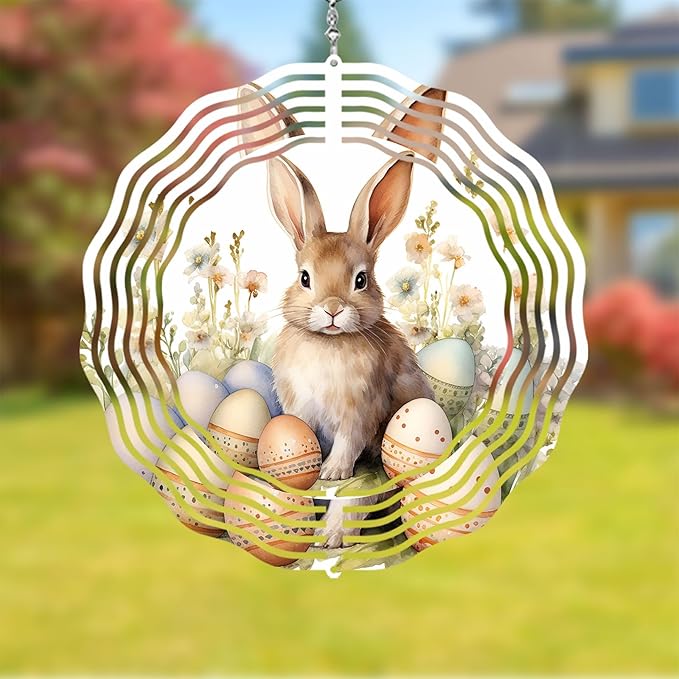 Easter Bunny Wind Spinner Easter Day Gifts 3D Metal Kinetic Hanging Wind Sculpture Spinners for Yard and Garden Indoor Outdoor Window Easter Rabbit Yard Art Garden Decoration 8 Inch (Bunny 1)