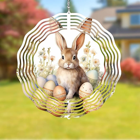 Easter Bunny Wind Spinner Easter Day Gifts 3D Metal Kinetic Hanging Wind Sculpture Spinners for Yard and Garden Indoor Outdoor Window Easter Rabbit Yard Art Garden Decoration 8 Inch (Bunny 1)