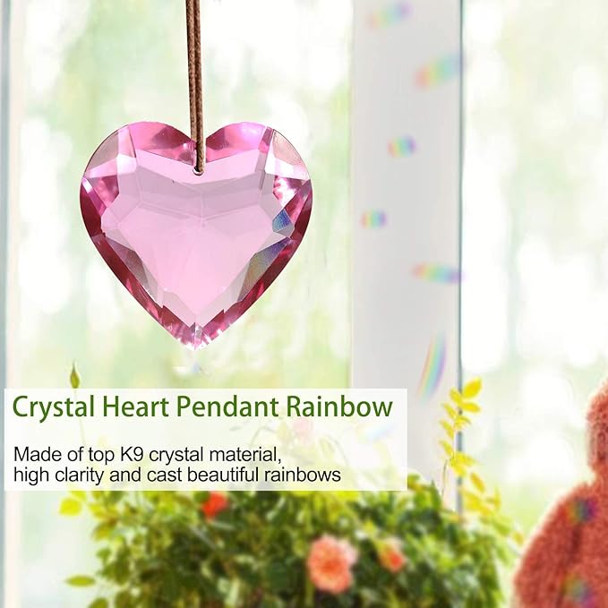 Together-life 2 Pack Heart Crystal Ball Prism Pendant, Clear Glass Crystal Suncatcher Rainbow Maker for Window, Indoor Outdoor Garden Hanging Décor(Pink)