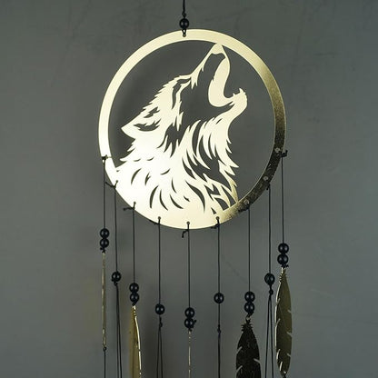 Wolf Dream Catcher Wind Chimes for Outside, Gold Metal Howling Wolf Windchimes with Bells & Feathers, Gift for Wolf Lovers Chimes Wolves(Golden Wolf)