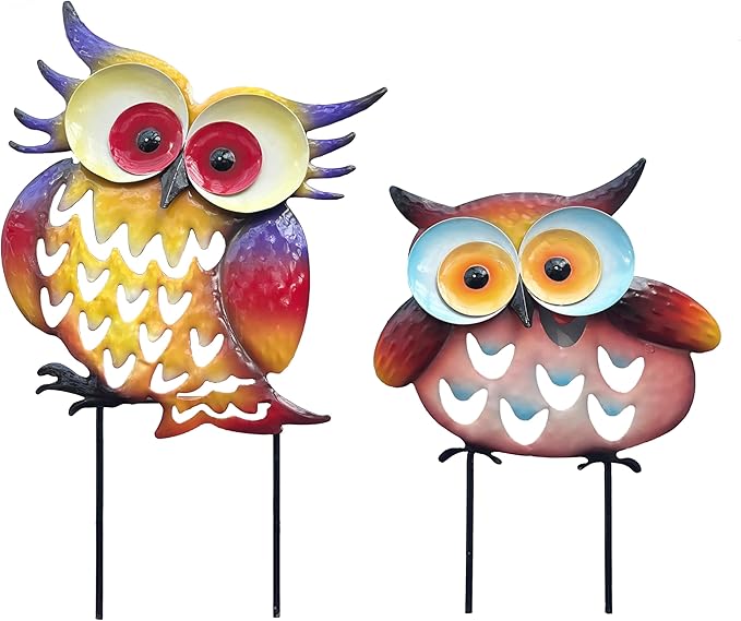 Pack of 2 Metal Fresh Color Owl Garden Statues Silhouette Owl Stakes Decorative Outdoor Statues Animal Sculptures for Yard Décor and Lawn Ornaments, MX202303-1