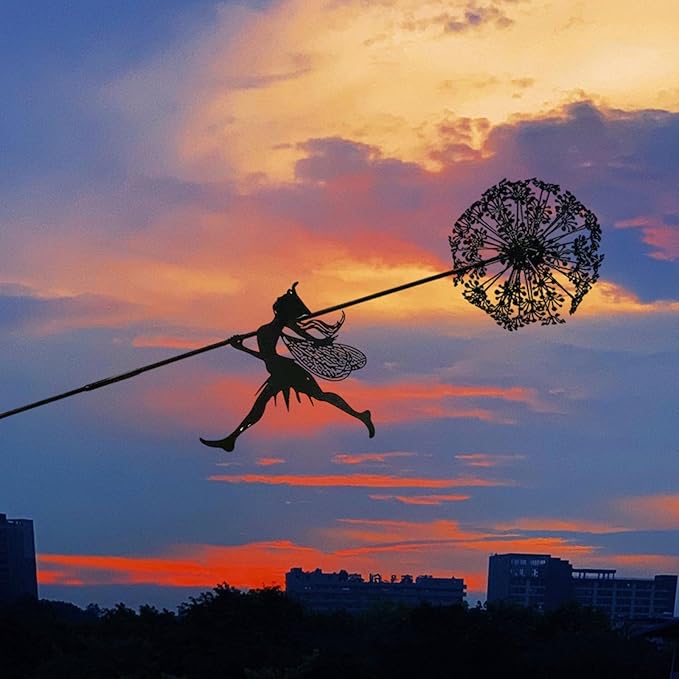 Flower Fairy Dancing with Dandelion, Fairy Garden Sculptures, Angel Metal Ornaments Gardens Art Sculpture, Stainless Steel Statue Garden Ornaments Art Decorations for Outdoor Yard Lawn Patio (B_flat)