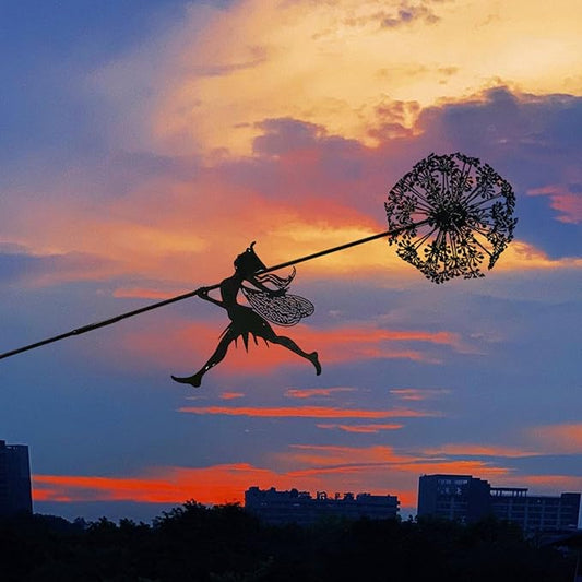 Fairies Wire Dandelion Stainless Garden Art Sculpture Steel Statue, Dancing Fairy Dandelion Garden Ornaments Art Decorations for Outdoor Yard Lawn Patio (D) (B)