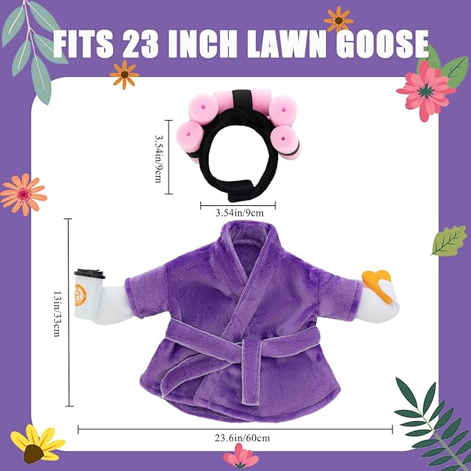 Porch Goose Outfit Fall Costume for 23'' Cement Goose Statue Winter Porch Goose Clothes Mamma Robe Self Care Outfit with Bathrobe Coffee Curlers for Outdoor Garden Yard Lawn Patio Decoration(Purple)