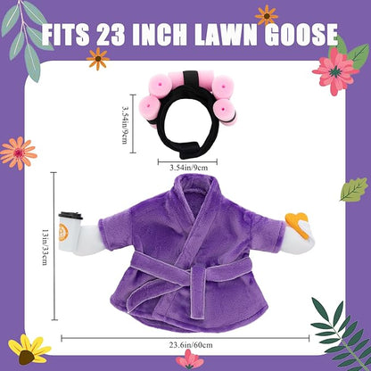 Porch Goose Outfit Fall Costume for 23'' Cement Goose Statue Winter Porch Goose Clothes Mamma Robe Self Care Outfit with Bathrobe Coffee Curlers for Outdoor Garden Yard Lawn Patio Decoration(Purple)