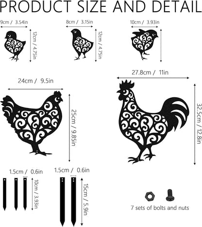 Metal Chicken Garden Stakes Set of 5, Outside Rooster Decorative Gardens Stakes, Chickens Gifts for Women, Chicks Lovers and Chicken Owners, Outdoor Ornaments for Yard Lawn Patio Gardens