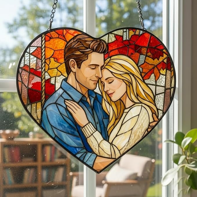 NAZENTI Custom Photo Stained Glass Suncatcher, Gifts for Valentine Birthday Anniversary, Personalized Couple Portrait Window Hanging for Him Husband Wife, Couple Keepsake Heart