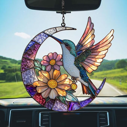 Floral Hummingbird Acrylic Suncatcher Stained Glass Effect Window Car Hanging Christmas Ornament Indoor Outdoor Decor Garden Sun Catcher Panel for Hummingbird Lover for Women Mom Grandma