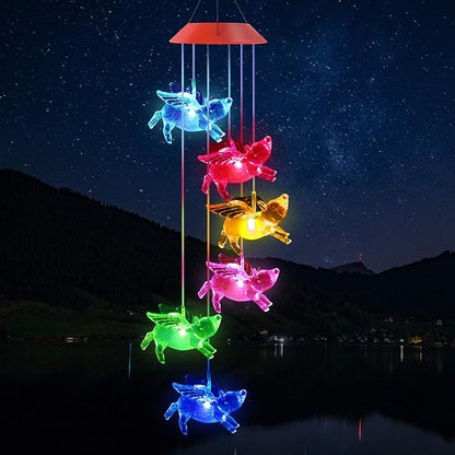 Outdoor Solar Flying Pig Wind Chimes Lights for Home/Garden/Rooms/Patio/Indoor/Outside Decor, Memorial Wind Catcher,Color Changing Waterproof Blessing Wind Bells Gifts for Mom, Women,Grandma,Family