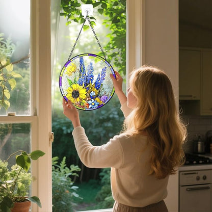 Stained Glass Suncatchers Window Hanging, Delphinium Flower Sun Catchers Indoor Window Stained Glass Hanging Garden Decor, Birthday Gift for Mom Grandma Aunt Sister Bestie 7.8 in