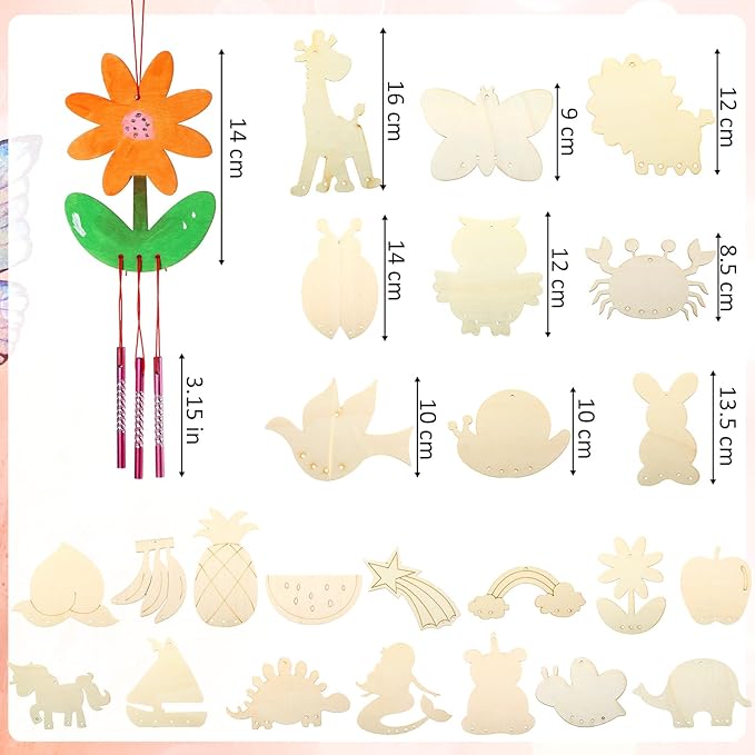 Tuanse 24 Pcs Wind Chime Kit for Kids DIY Wooden Animal Fruit Wind Chimes Crafts for Outside Spring Girls Boys Christmas Home Classroom Activity Garden Summer Decoration,Party Gift(Cute)