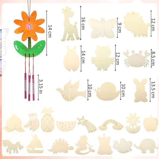 Tuanse 24 Pcs Wind Chime Kit for Kids DIY Wooden Animal Fruit Wind Chimes Crafts for Outside Spring Girls Boys Christmas Home Classroom Activity Garden Summer Decoration,Party Gift(Cute)