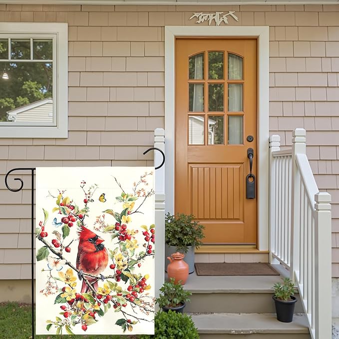 Red Cardinal Bird Garden Flag Spring Summer Floral Yard Flags for Outdoor Lawn Porch Patio Decoration Memorial Birds Lover Gift Butterfly Watercolor Wild Bird House Banner Decor 12x18 Inch