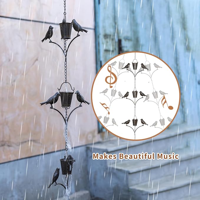 TZSSP Rain Chain,Copper Rain Chains-7 Cups,6.3FT Bird Rain Chain,Adjustable Rain Catcher Chain for Outdoor Garden Decor,Replacement Downspout for Gutters,Black