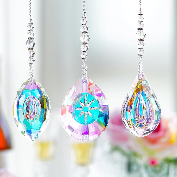 YU FENG 3PCS Crystal Suncatcher Set, Hanging Glass Prism Rainbow Maker for Window, Home & Garden Decor Light Catchers