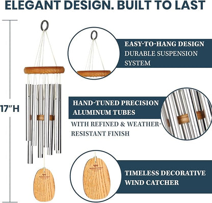Woodstock Wind Chimes for Outside, Garden, Patio, Porch and Outdoor Decor (17") Gregorian Chimes Soprano Silver Wind Chime (GSS)