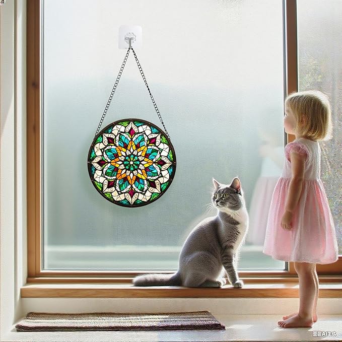 Bohemian Mandala Stained Glass Window Hanging Sun Catcher Indoor Outdoor Home Garden Panel Hangings Gift for Kits Adults (Green)