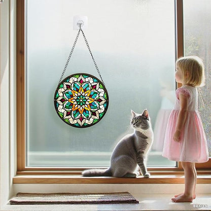 Bohemian Mandala Stained Glass Window Hanging Sun Catcher Indoor Outdoor Home Garden Panel Hangings Gift for Kits Adults (Green)