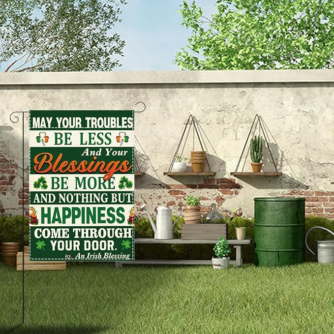 St Patricks Day Irish Blessing Garden Flag Lucky Shamrock Irish March Garden Flag Happy St Patricks Day Double Sided Outdoor House Flag for Outside Yard Decorations 12×18 Inch
