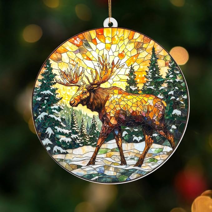Stained Glass Style Acrylic Moose Ornament 2025 - Rustic Cabin Christmas Tree Ornament, Wildlife Suncatcher Window Hanging, Winter Holiday Decor Gift for Nature & Outdoor Lovers, Shatter(Sun-23)