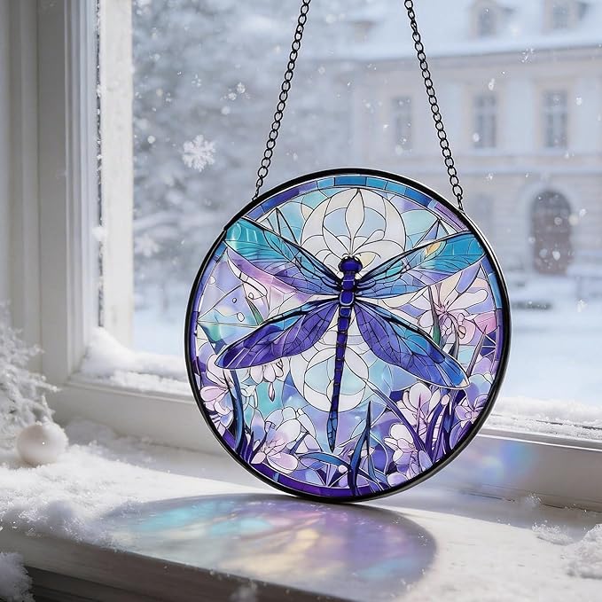 Stained Glass Sun Catcher,A Blue DragonflyStained Glass Window Hanging Garden Decor,Sun Catchers Indoor Window,Whimsical Decoration for Home Backyard Patio Lawn Porch with 6.3 INCH