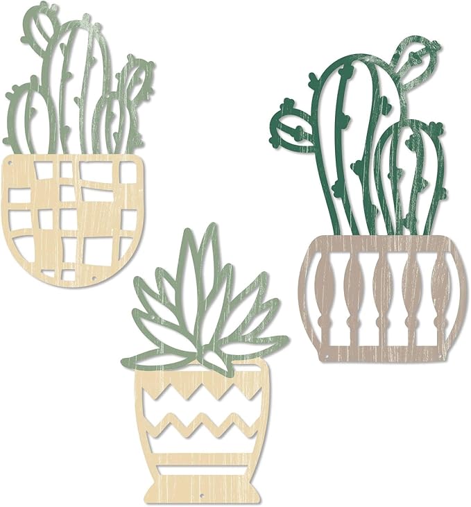 Putuo Decor 3Pcs Western Style Cactus Wall Art, Modern Desert Wall Decor, Rustic Metal Cactus Wall Art for Home, Living Room, Bathroom, Bedroom (Green & Beige)