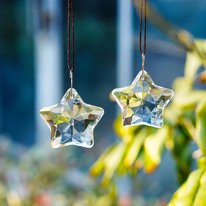 H&D HYALINE & DORA 2 Pcs 2" Crystal Sun Catcher Prisms for Windows Star Chandelier Crystals Clear Hanging Crystals for Patio,Chandelier,Garden Decoration