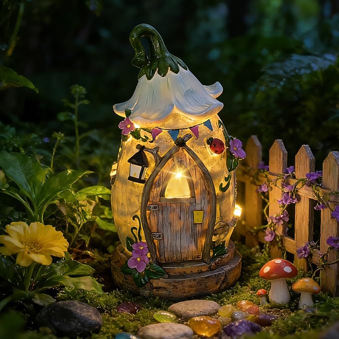 Resin Fairy Cottage Statue with Solar Light Perfect for Garden Decor, Featuring a Charming Morning Glory Vine adorning its Crown. Ideal as a Mother's Day or Birthday Gift, 12.2 inches.