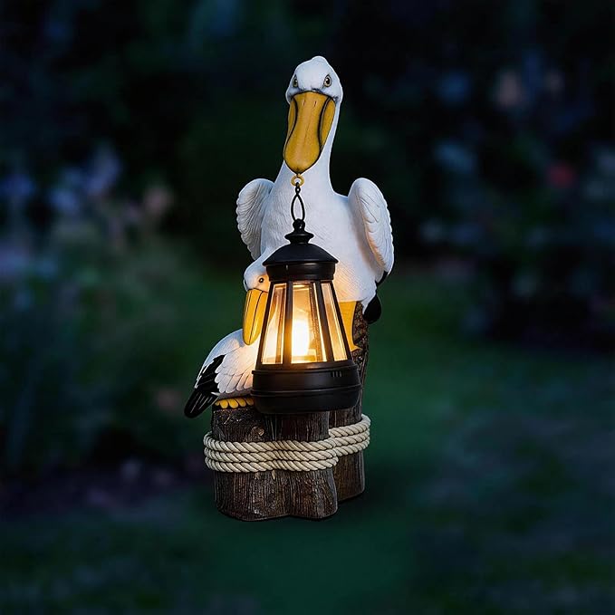 Pelican Solar Garden Outdoor Decor Statues with LED Lantern, Hand Painted Resin Animal Figurine Lights for Patio Lawn Yard Pathway, Unique Coastal Gifts for Women Mom Grandma