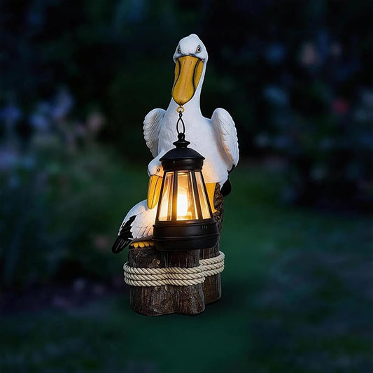 Pelican Solar Garden Outdoor Decor Statues with LED Lantern, Hand Painted Resin Animal Figurine Lights for Patio Lawn Yard Pathway, Unique Coastal Gifts for Women Mom Grandma