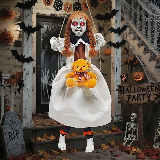 Outdoor Hanging Swinging Girl Halloween Decorations,Lighted Creepy Doll Halloween Dolls Scary Props for Garden Yard Lawn and Haunted House Decorations