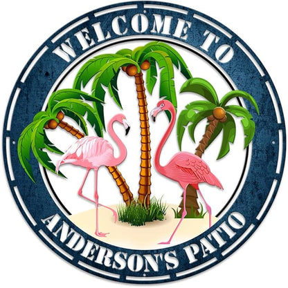 MeMate Flamingo Patio Sign Outdoor Decor, Personalized Metal Sign for Backyard, Custom Name Signs for Garden Porch, Deck, Large Metal Sign for Outside, Housewarming Gifts for Family Friends
